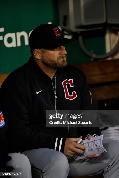 Manager Stephen Vogt of the Cleveland Guardians in the dugout during the game against the Oakland Athletics at the Oakland Coliseum on March 29, 2024...