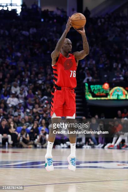 Taze Moore of the Portland Trail Blazers shoots the ball in the fourth quarter against the Sacramento Kings at Golden 1 Center on April 14, 2024 in...