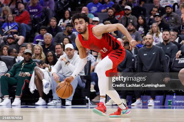 Justin Minaya of the Portland Trail Blazers drives to the basket in the fourth quarter against the Sacramento Kings at Golden 1 Center on April 14,...