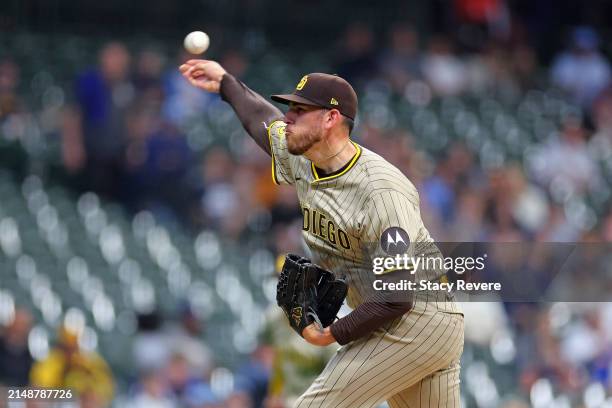 Joe Musgrove of the San Diego Padres throws a pitch during the fifth inning against the Milwaukee Brewers at American Family Field on April 15, 2024...