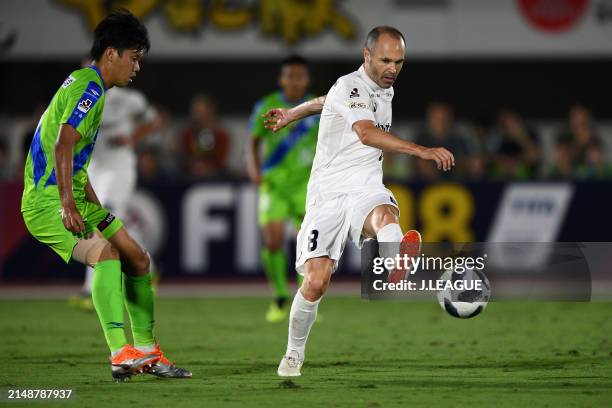 Andres Iniesta of Vissel Kobe controls the ball against Miki Yamane of Shonan Bellmare during the J.League J1 match between Shonan Bellmare and...