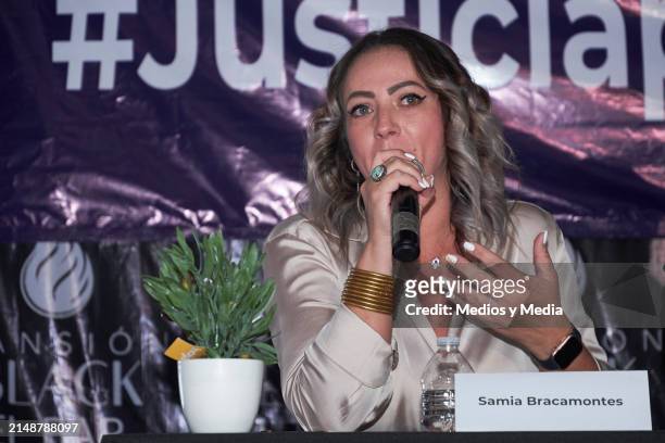 Samia Bracamontes speaks during the press conference, `Enough of injustices´ for Patricio Cabezut at Mansion Black on April 15, 2024 in Mexico City,...