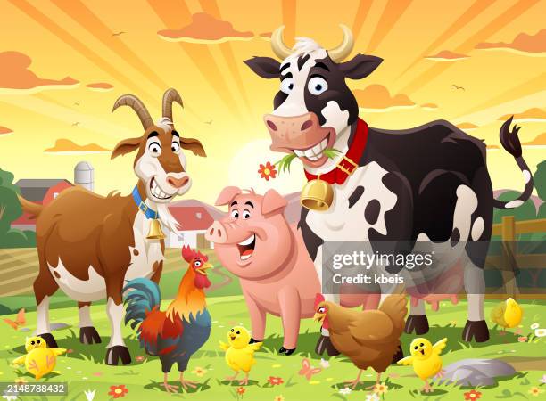illustrazioni stock, clip art, cartoni animati e icone di tendenza di animali da fattoria al mattino - bestiame