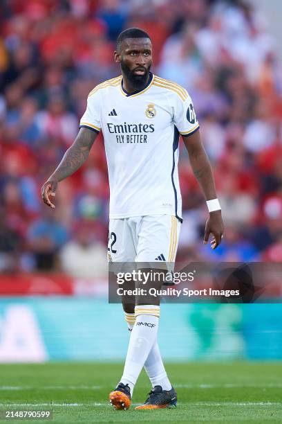 Antonio Rudiger of Real Madrid CF looks on during the LaLiga EA Sports match between RCD Mallorca and Real Madrid CF at Estadi de Son Moix on April...