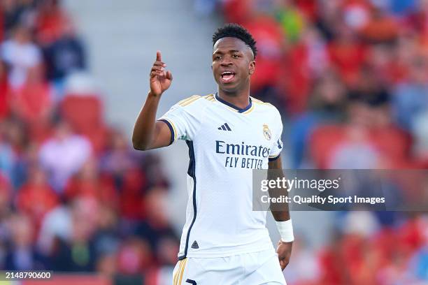 Vinicius Junior of Real Madrid CF reacts during the LaLiga EA Sports match between RCD Mallorca and Real Madrid CF at Estadi de Son Moix on April 13,...