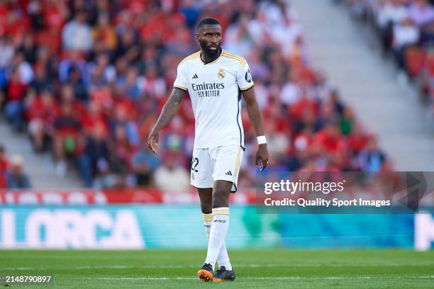 Antonio Rudiger of Real Madrid CF looks on during the LaLiga EA Sports match between RCD Mallorca and Real Madrid CF at Estadi de Son Moix on April...