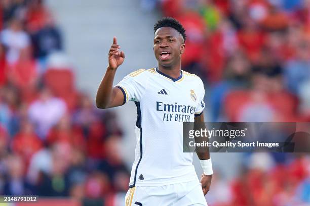 Vinicius Junior of Real Madrid CF reacts during the LaLiga EA Sports match between RCD Mallorca and Real Madrid CF at Estadi de Son Moix on April 13,...