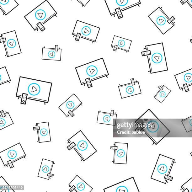 tv with play button. seamless pattern. line icons on white background - looking same direction stock illustrations