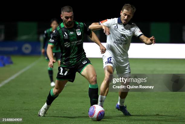 Ben Garuccio of Western United and Stefan Mauk of Adelaide United compete for the ball during the A-League Men round 13 match between Western United...