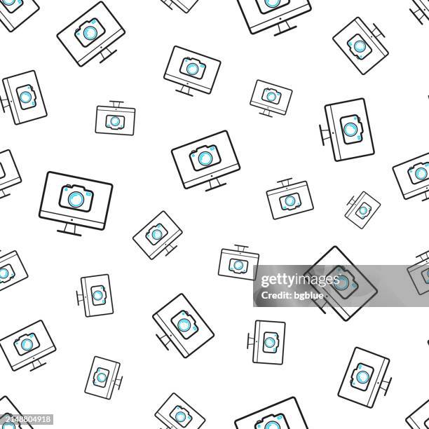 desktop computer with camera. seamless pattern. line icons on white background - photo shoot vector stock illustrations