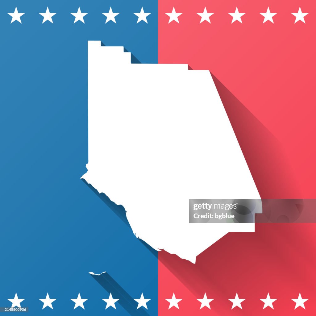 Ventura County, California. Map on blue and red background