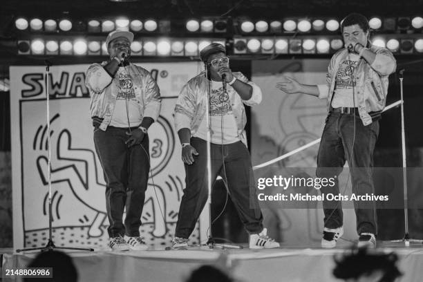 American hip hop trio The Fat Boys performing at the Swatch World Breakdance Championship, held at the Roxy in New York City, US, September 1984;...