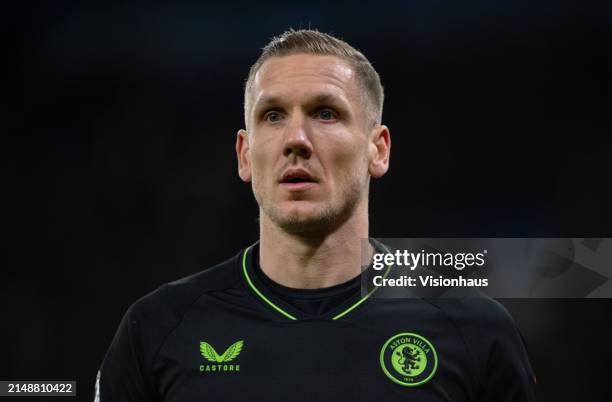 Aston Villa goalkeeper Robin Olsen during the Premier League match between Manchester City and Aston Villa at Etihad Stadium on April 3, 2024 in...