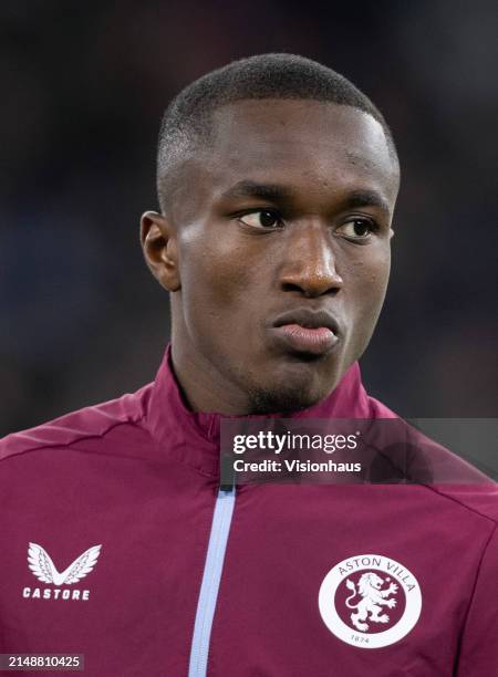 Moussa Diaby of Aston Villa looks on prior to the Premier League match between Manchester City and Aston Villa at Etihad Stadium on April 3, 2024 in...