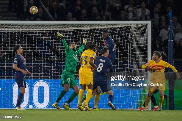 Nuno Mendes of Paris Saint-Germain heads clear during the Paris Saint-Germain V Barcelona, UEFA Champions League, Quarter-Final, first leg tie at...