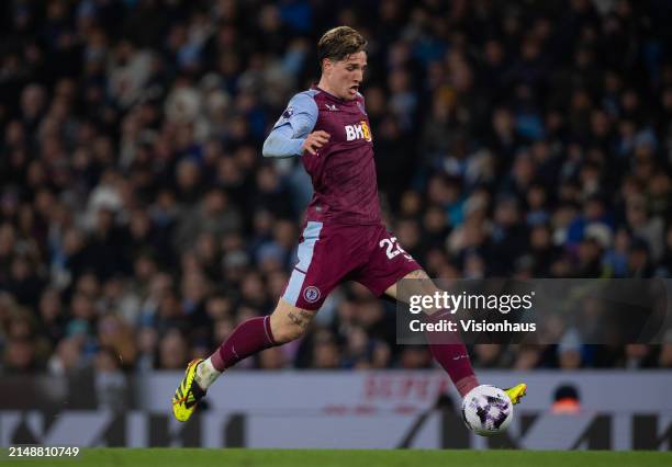 Nicolo Zaniolo of Aston Villa in action during the Premier League match between Manchester City and Aston Villa at Etihad Stadium on April 3, 2024 in...