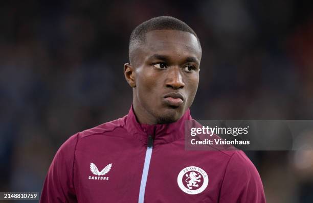 Moussa Diaby of Aston Villa looks on prior to the Premier League match between Manchester City and Aston Villa at Etihad Stadium on April 3, 2024 in...