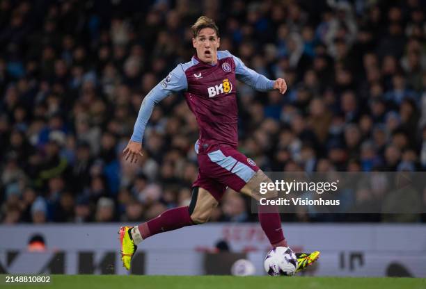 Nicolo Zaniolo of Aston Villa in action during the Premier League match between Manchester City and Aston Villa at Etihad Stadium on April 3, 2024 in...