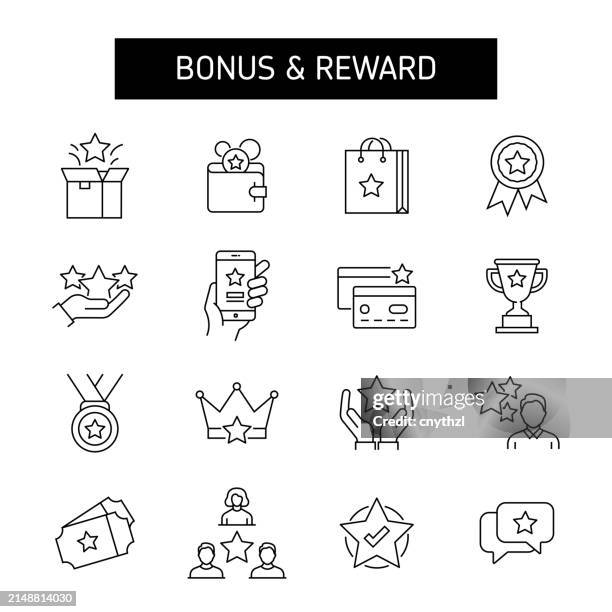 bonus- und belohnungslinien-symbolsatz. erfolg, leistung, kompetenz, gewinnen. - bonuszahlung stock-grafiken, -clipart, -cartoons und -symbole