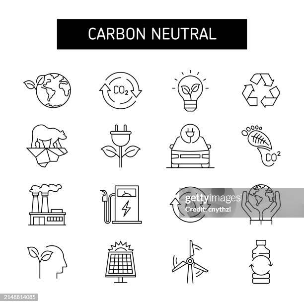 stockillustraties, clipart, cartoons en iconen met carbon neutral line icon set. net zero, carbon footprint, emissions, environment. - een nieuw perspectief