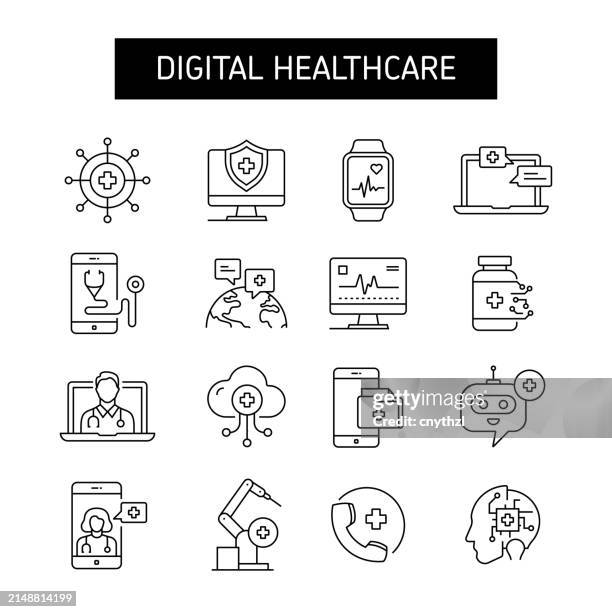stockillustraties, clipart, cartoons en iconen met digital healthcare line icon set. telemedicine, technology, connection. - zorg