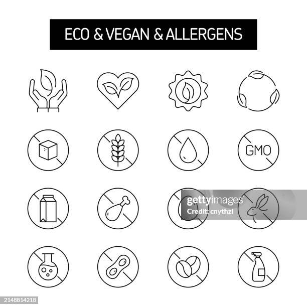 eco, vegan, allergens line icon set. product, label, nutrition, organic. - pollen stock illustrations