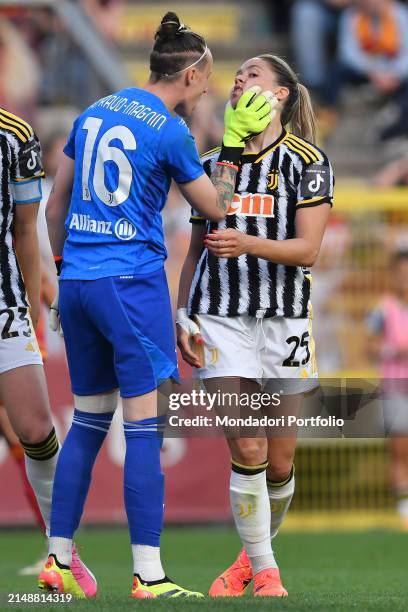 The Juventus footballers Pauline Peyraud Magnin, Viola Callegaris during the Serie A womens match Roma v Juventus at the Stadio Tre Fontane. Rome ,...