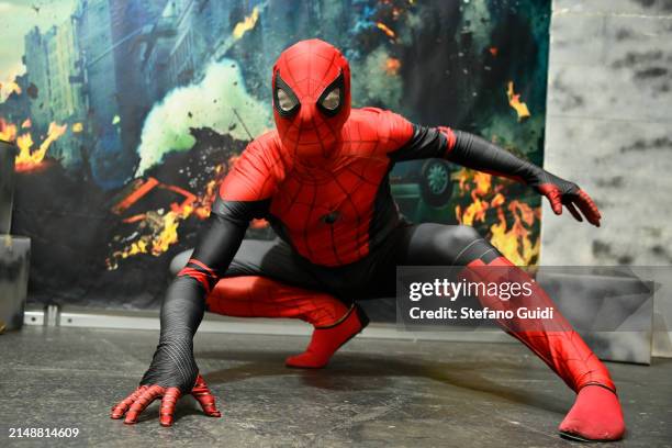Cosplayer dressed as a Spiderman character from Avengers during the Torino Comics 2024 on April 12, 2024 in Turin, Italy.