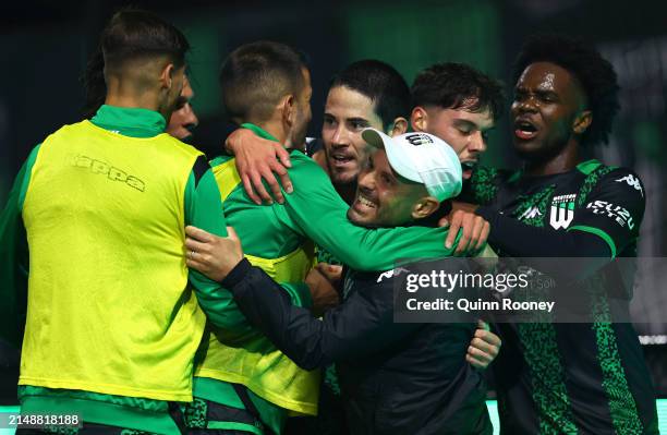 Connor O'Toole of Western United is congratulated by team mates after scoring a goal during the A-League Men round 13 match between Western United...