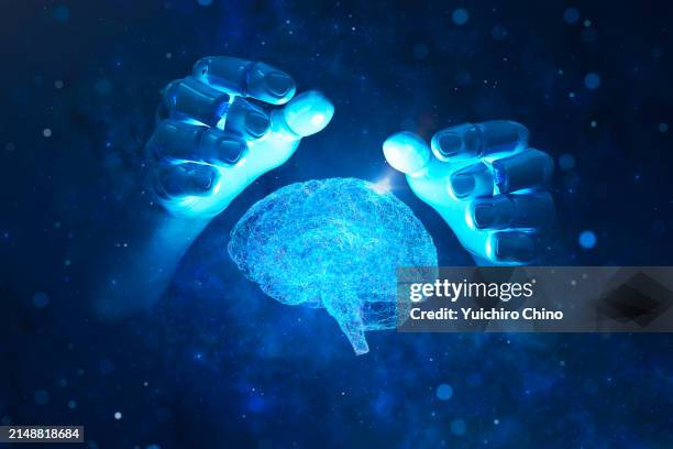 robot hand and agi brain - brain-computer-interface stock-fotos und bilder