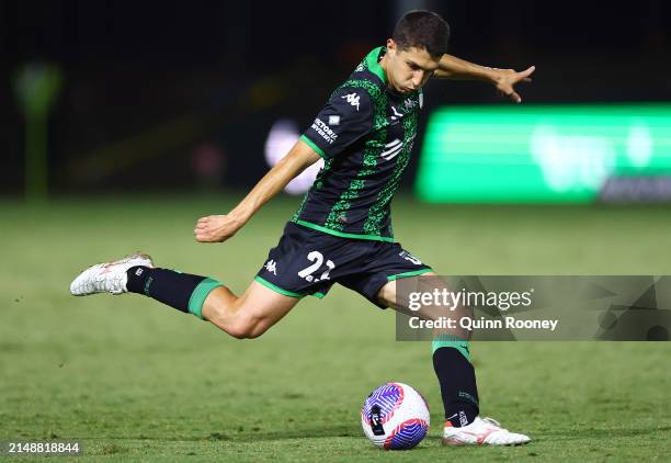 Sebastian Pasquali of Western United kicks during the A-League Men round 13 match between Western United and Adelaide United at Regional Football...