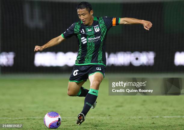 Tomoki Imai of Western United passes the ball during the A-League Men round 13 match between Western United and Adelaide United at Regional Football...