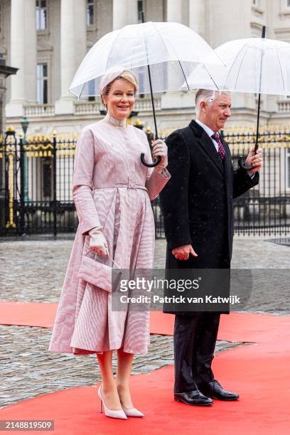 King Philippe of Belgium and Queen Mathilde of Belgium during an official welcome ceremony at the Royal Palace on April 16, 2024 in Brussels,...