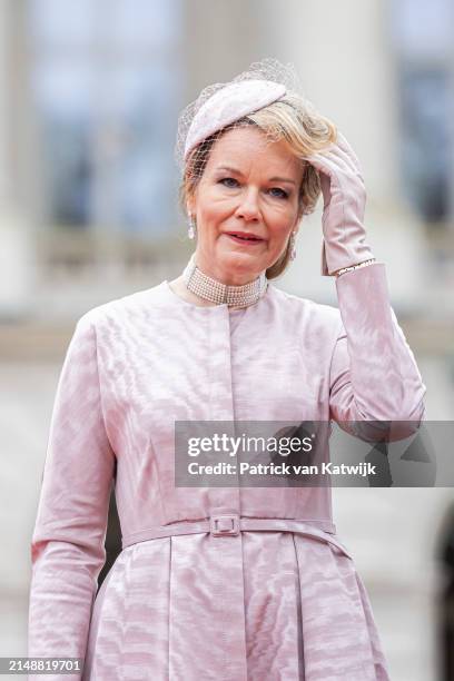 Queen Mathilde of Belgium during an official welcome ceremony at the Royal Palace on April 16, 2024 in Brussels, Belgium. The Grand Duke and Grand...