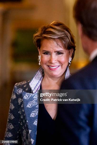 Grand Duchess Maria Teresa of Luxembourg during an official welcome ceremony at the Royal Palace on April 16, 2024 in Brussels, Belgium. The Grand...