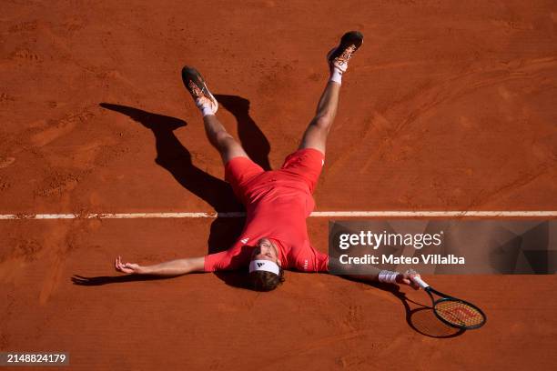 Stefanos Tsitsipas of Greece celebrates winning match point against Casper Ruud of Norway in the singles final match during day eight of the Rolex...