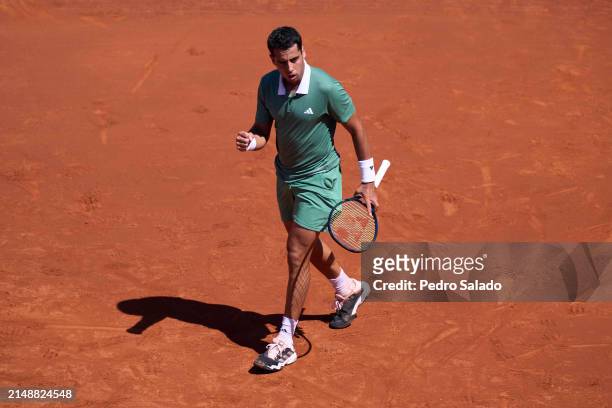 Jaume Munar of Spain celebrates a point against Yoshihito Nishioka of Japan during Second Round of Barcelona Open Banc Sabadell 2024 at Real Club De...