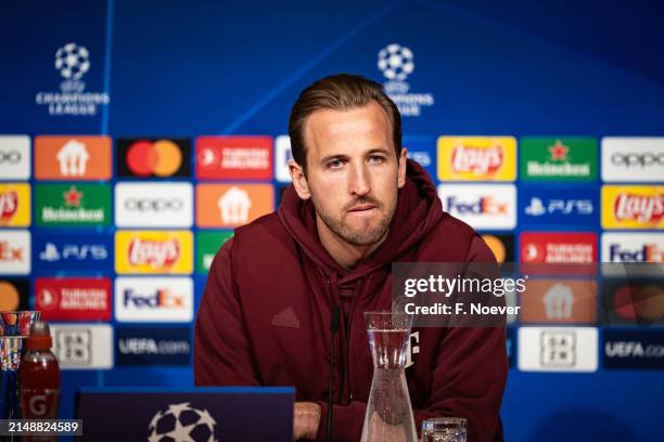 Harry Kane of FC Bayern Muenchen talks at the press conference at Allianz Arena on April 16, 2024 in Munich, Germany.