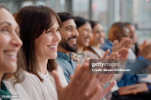 happy woman, applause and meeting with team in seminar, conference or workshop together. group of excited employees or audience clapping with smile for motivation, speech or convention at office - clapping hands stock pictures, royalty-free photos & images