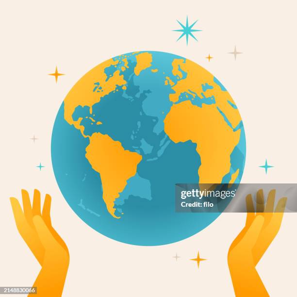 earth planet care volunteering helping charity donation assistance aid concept - global village stock illustrations