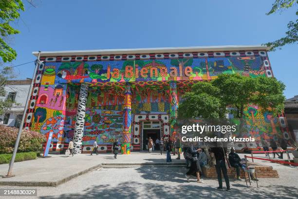 Visitors enter the Biennale's central pavilion at the Giardini during the 60th Biennale Art 2024 on April 16, 2024 in Venice, Italy.The 60th Venice...