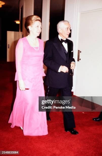 Margaret Truman Daniel and Clifton Daniel attend the party honoring Kennedy Center Chairman Roger Stevens on January 25, 1976 in Washington, D.C.