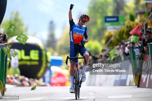 Alessandro De Marchi of Italy and Team Jayco AlUla celebrates at finish line as stage winner during the 47th Tour of the Alps 2024, Stage 2 a 189.1km...
