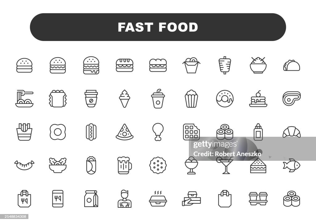 Fast Food Line Icons. Editable Stroke. Contains such icons as Breakfast, Cheeseburger, Chicken, Dessert, Drink, Food Delivery, Fries, Hamburger, Pasta, Pizza, Takeout.