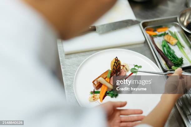 joven chef preparando plato gourmet en la cocina - servicio de calidad fotografías e imágenes de stock