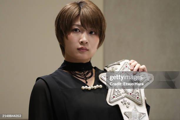 Saori Anou poses for photographs during the Women's Pro-Wrestling "Stardom" Press Conference on April 16, 2024 in Tokyo, Japan.