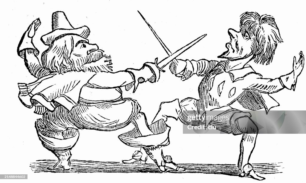 Two men fighting with swords