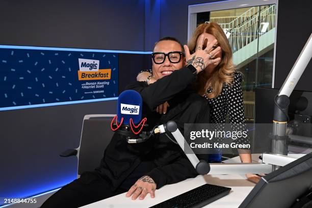 Gok Wan and Harriet Scott pose for a photograph during his visit to Bauer Media at The Lantern on April 16, 2024 in London, England.