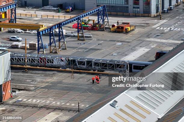 An aerial view of the Alstom train manufacturing facility and factory on April 16, 2024 in Derby, England. French manufacturer Alstom recently...