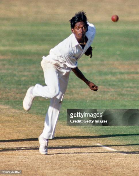 India bowler Laxman Sivaramakrishnan in bowling action during the 4th Test Match between India and England in Madras, India on January 15th, 1985